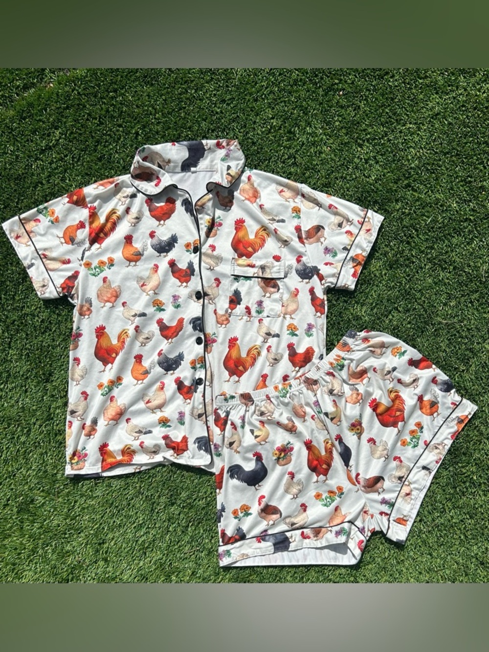 Youth Large 2 Piece Pajama Set Nightwear Shorts Chicken Farm Rooster Country Hen